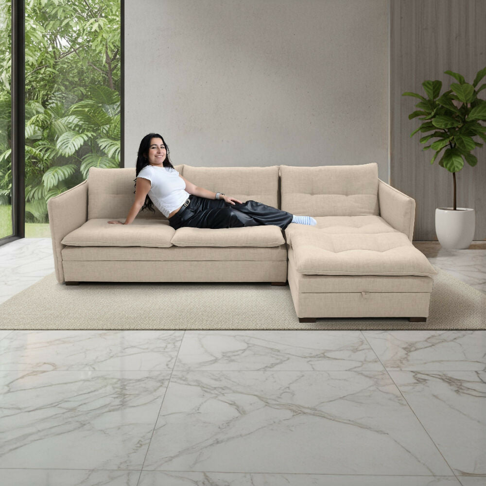 Sofa Cama en L Napoles 269x146x80 Con Baul Izquierdo Tapizado Trigo