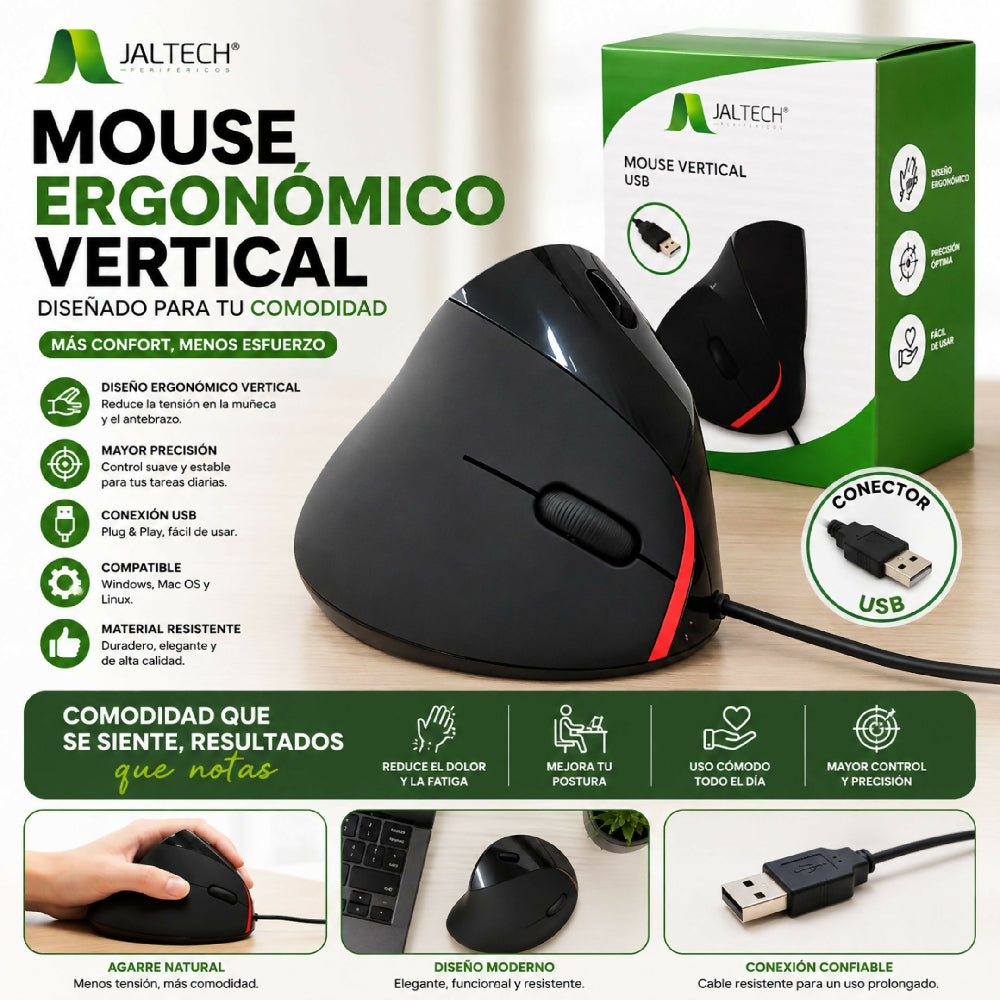 Mouse Ergonómico Alámbrico Vertical Sensor Óptico Con Botones Laterales