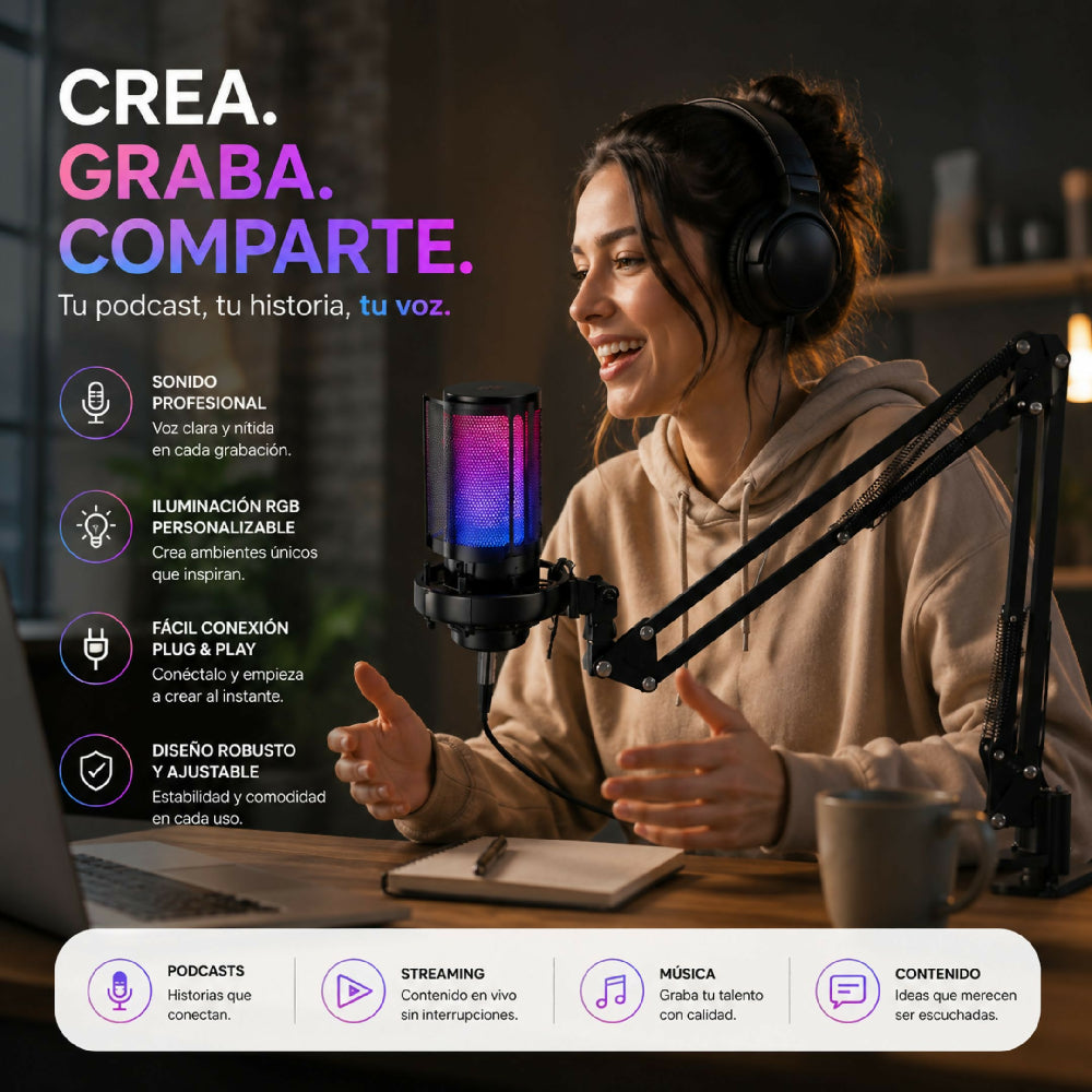 Micrófono Gamer USB Con Botón De Silencio Y Luces RGB T10