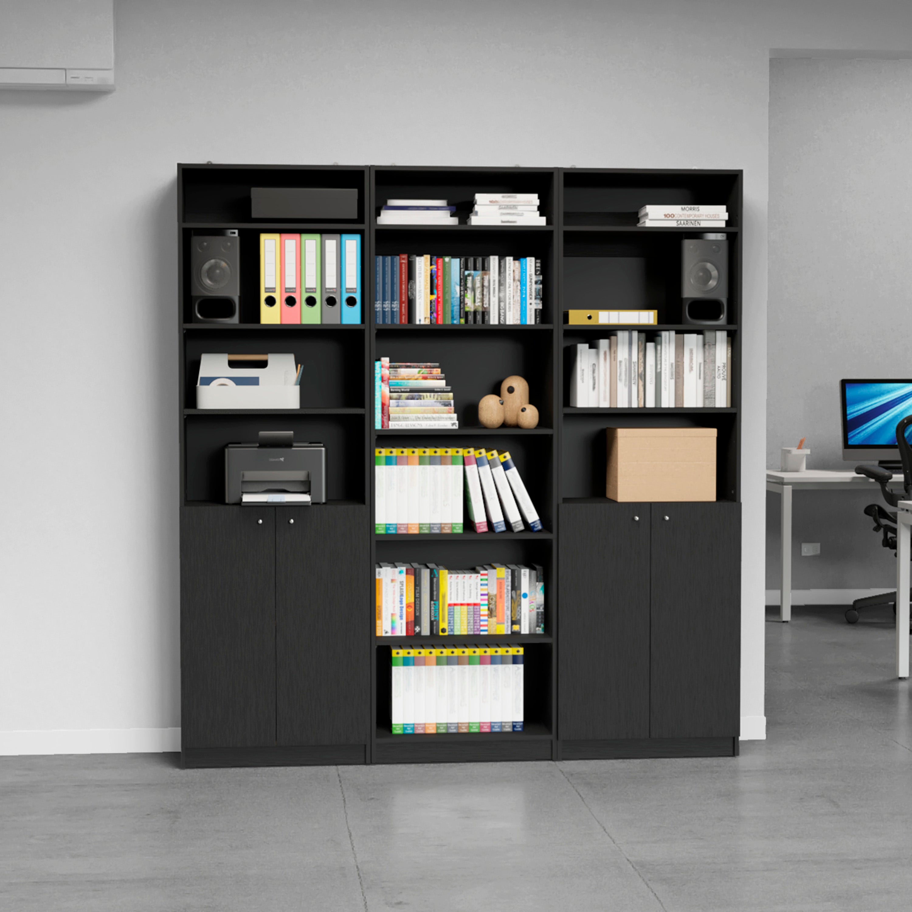 Combo de Bibliotecas Macadamia, Wengue Incluye Tres Bibliotecas y Tres Complementos