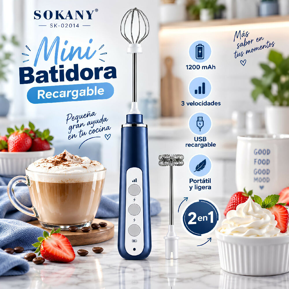 Minibatidora Portátil Recargable Sokany SK-02014 Con Accesorios Azul