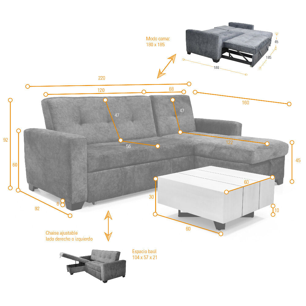 Sala en L con Baul Atlas Reclinable Gris y Mesa de Centro Veracruz Miel