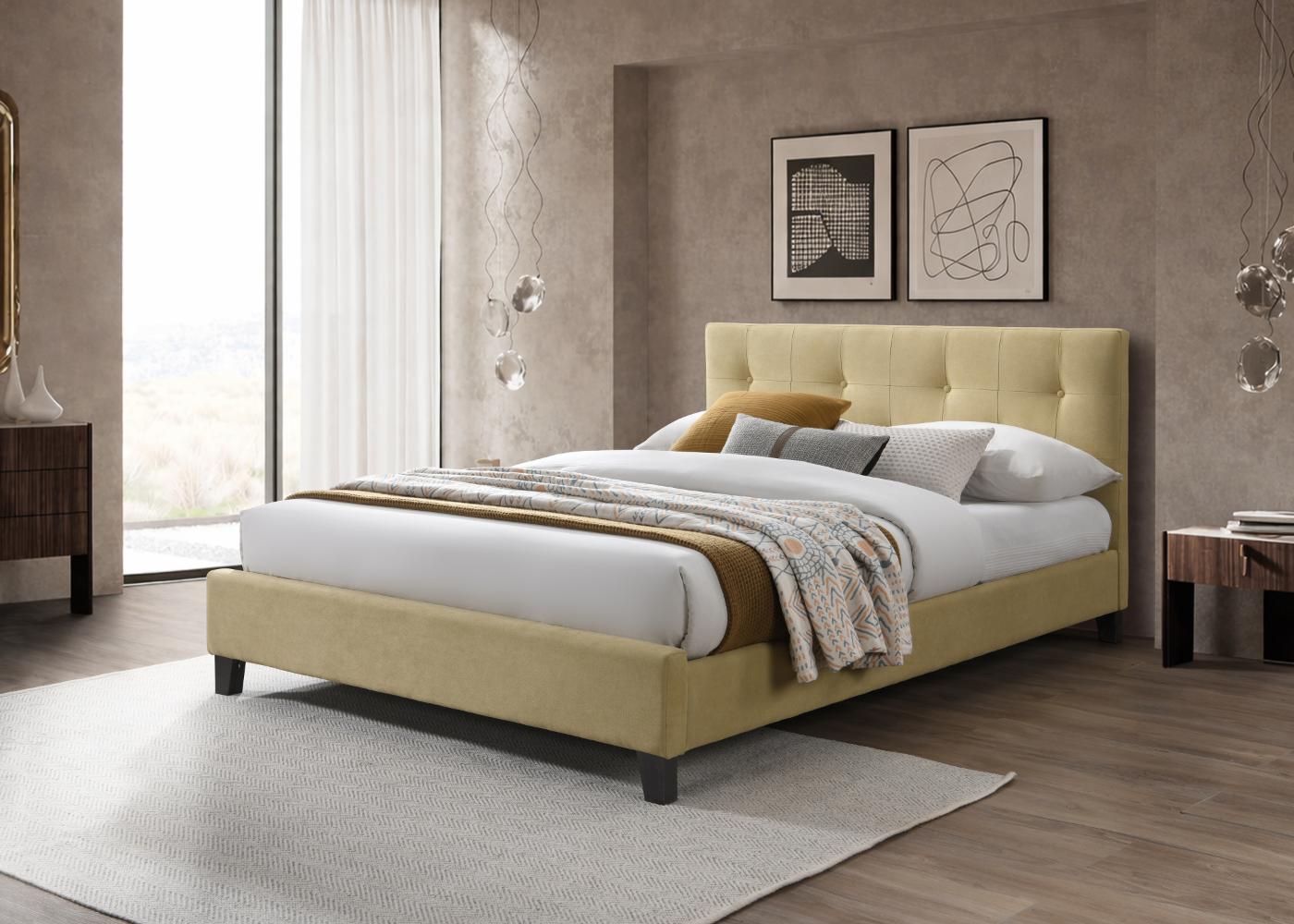 Cama Doble Imperial, Beige, Madera roble tapizada