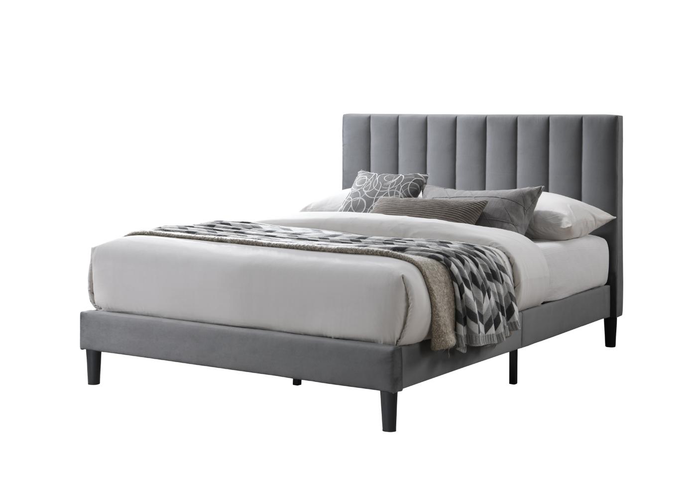 Cama Doble Lisa, Gris Oscuro, Madera roble tapizada
