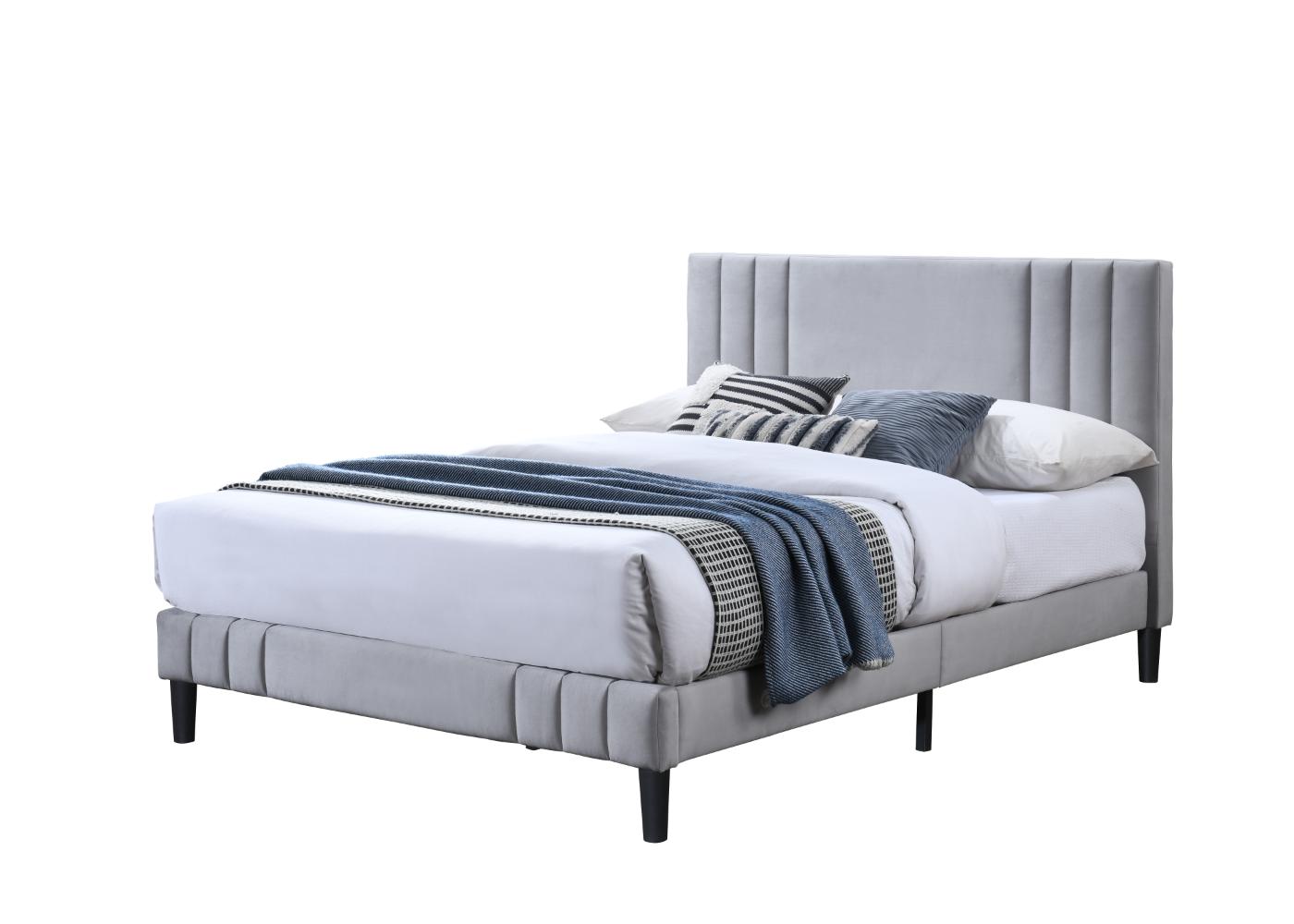 Cama Doble Majestic, Gris Claro, Madera roble tapizada