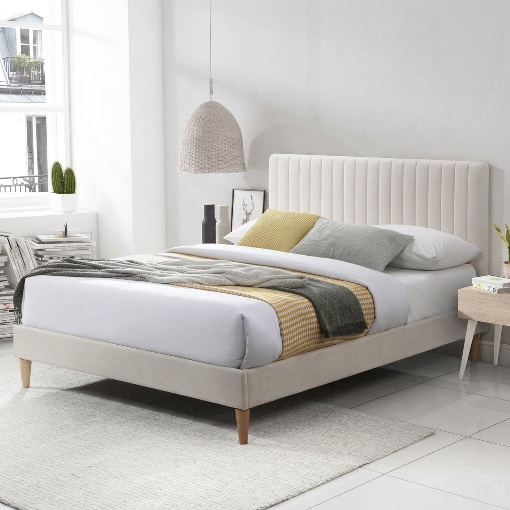 Cama Doble Tania, Gris Crema, Madera Roble Tapizada