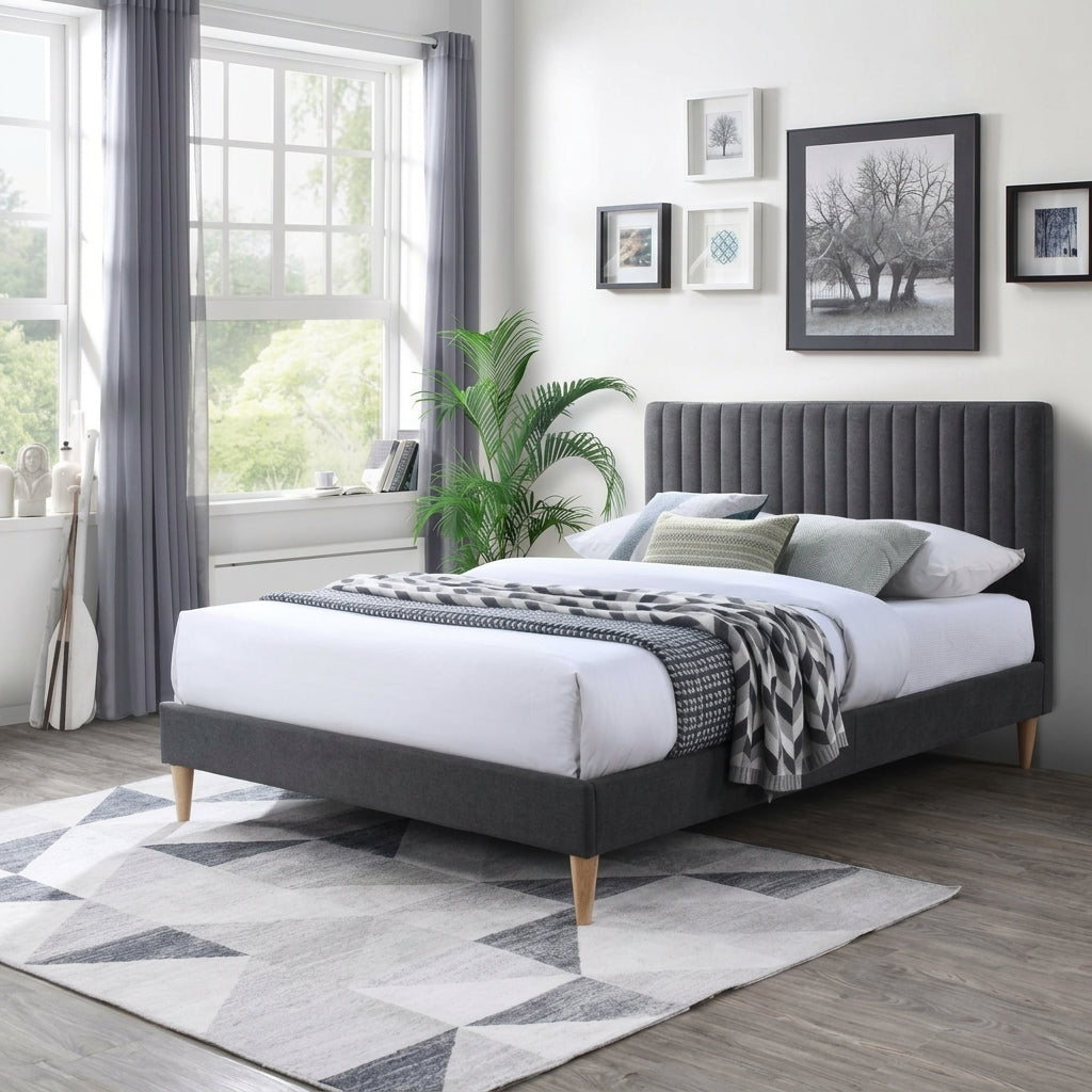Cama Doble Tania, Gris Oscuro, Madera Roble Tapizada