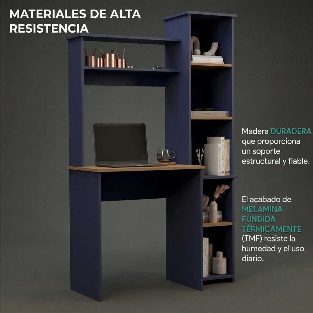 Escritorio Cerín, Azul y Kronos Fresno, con Seis Entrepaños y Gran Espacio de Almacenamiento