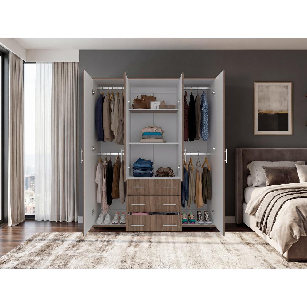 Closet Fontana, Avellana y Blanco, con Cuatro Puertas Abatibles y Tres Cajones Organizadores