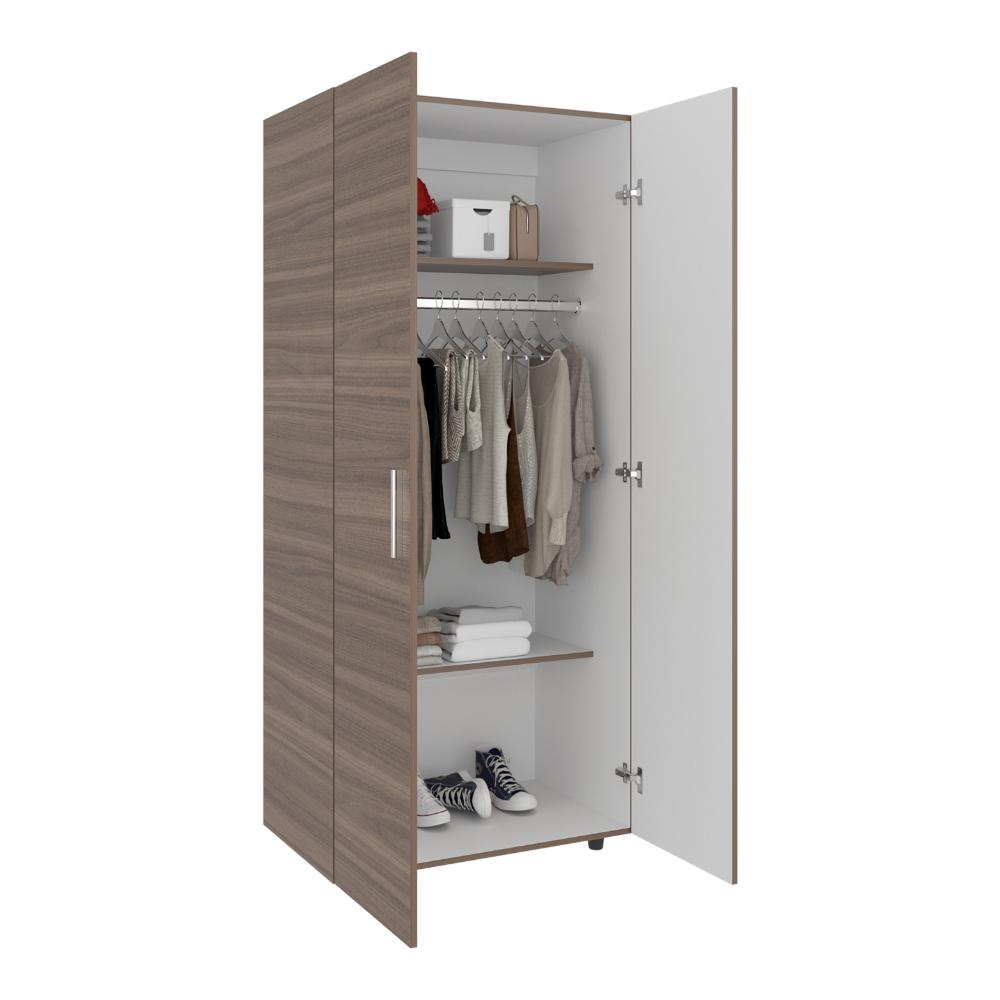 Closet Carlota, Avellana y Blanco, con Un Tubo Cromado y Tres Entrepaños