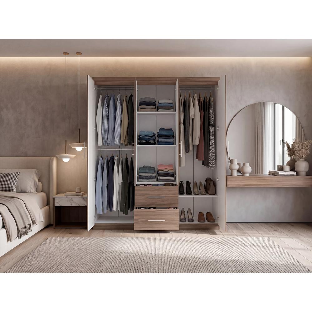 Closet Bariloche Bombay Eco, Avellana y Blanco, Con Variedad De Entrepaños y Cuatro Puertas Abatibles