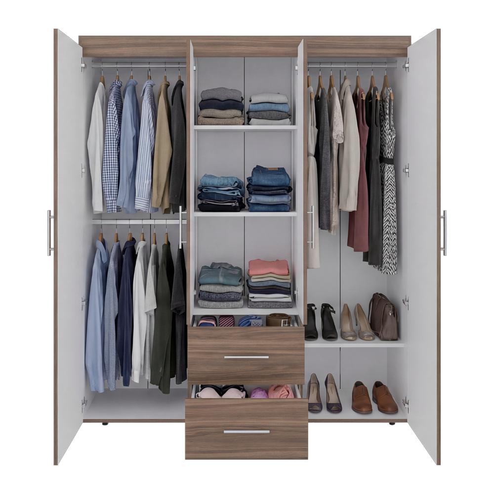 Closet Bariloche Bombay Eco, Avellana y Blanco, Con Variedad De Entrepaños y Cuatro Puertas Abatibles
