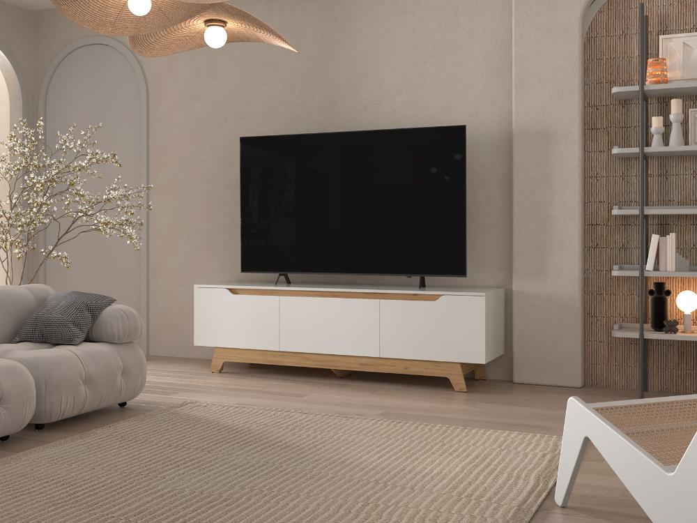 Mesa Para Tv Toulo, Kronos Blanco y Kronos Fresno, con espacio para TV de 80" ZF