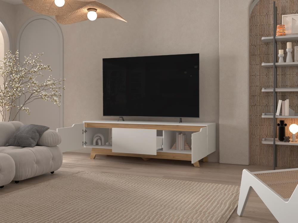 Mesa Para Tv Toulo, Kronos Blanco y Kronos Fresno, con espacio para TV de 80" ZF