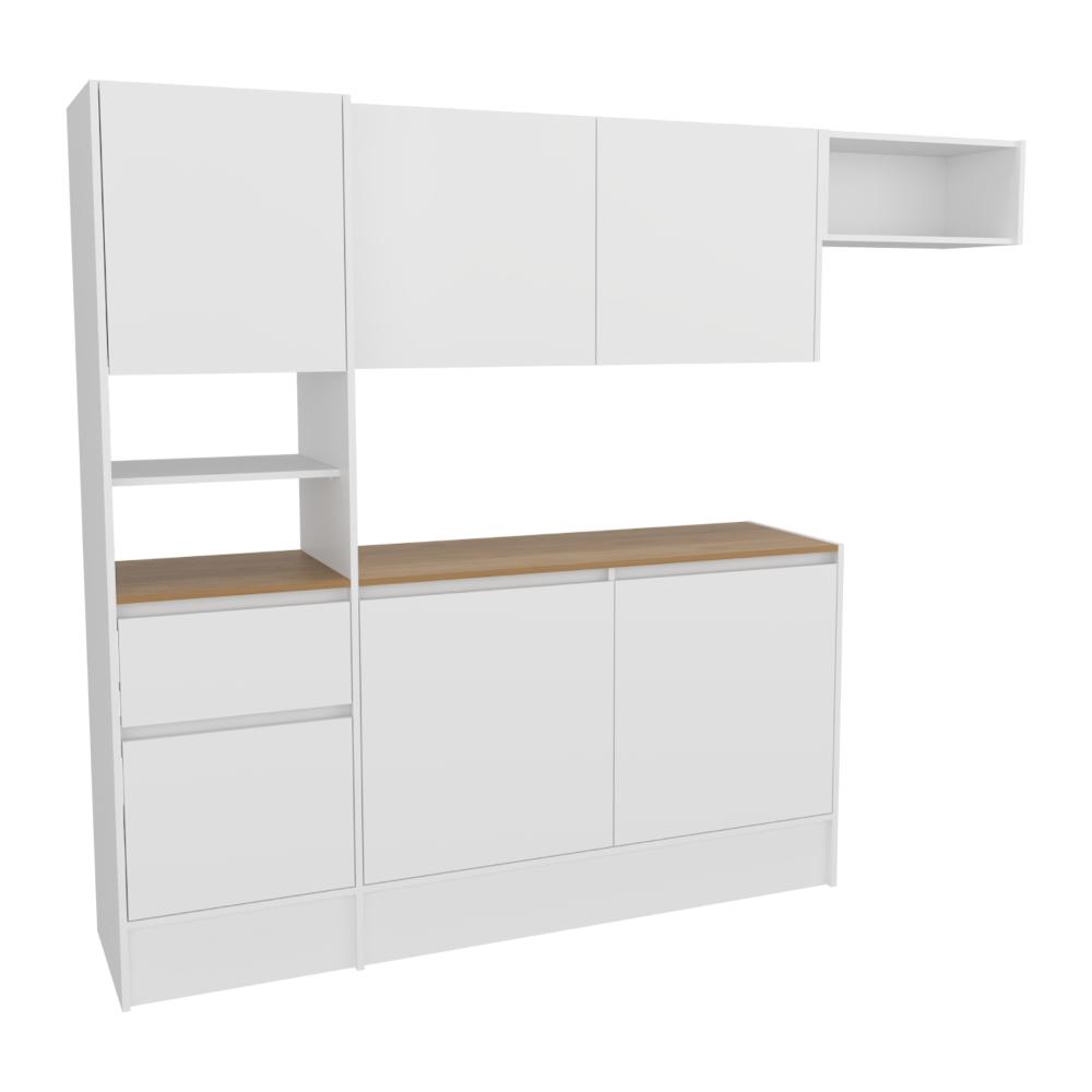 Cocina Integral Dali , Blanco y Fresno Europeo, Con seis puertas batientes y un cajón, amplio espacio de almacenamiento ZF