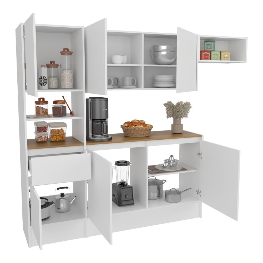 Cocina Integral Dali , Blanco y Fresno Europeo, Con seis puertas batientes y un cajón, amplio espacio de almacenamiento ZF