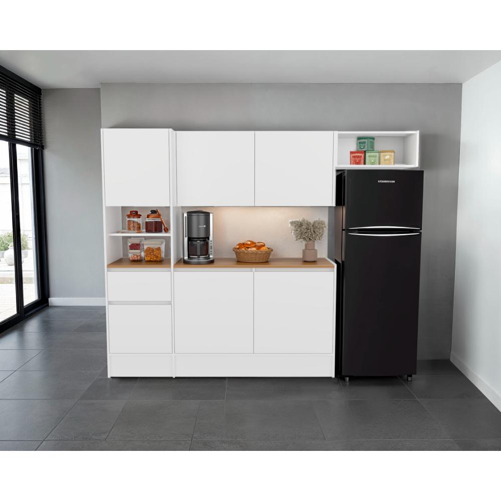 Cocina Integral Dali , Blanco y Fresno Europeo, Con seis puertas batientes y un cajón, amplio espacio de almacenamiento ZF