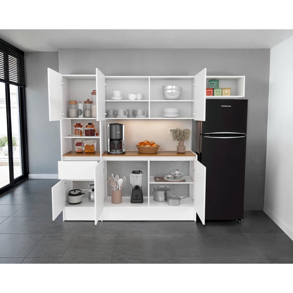 Cocina Integral Dali , Blanco y Fresno Europeo, Con seis puertas batientes y un cajón, amplio espacio de almacenamiento ZF