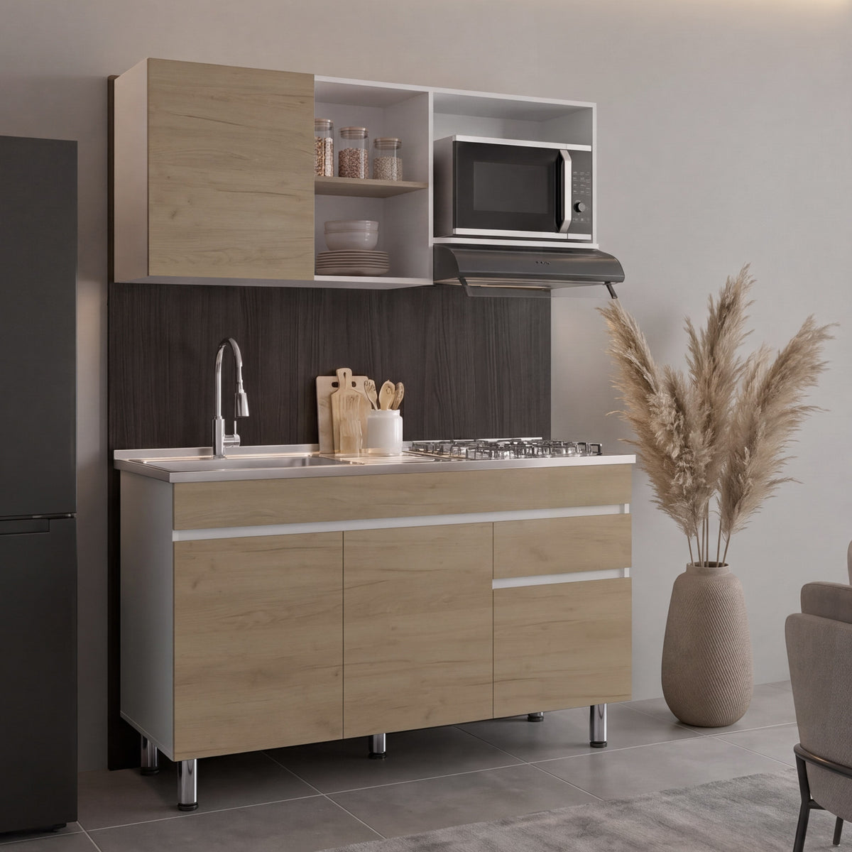 Cocina Integral Valencia 150, Blanco Duqueza y Kronos Fresno, Incluye Mesón Izquierdo