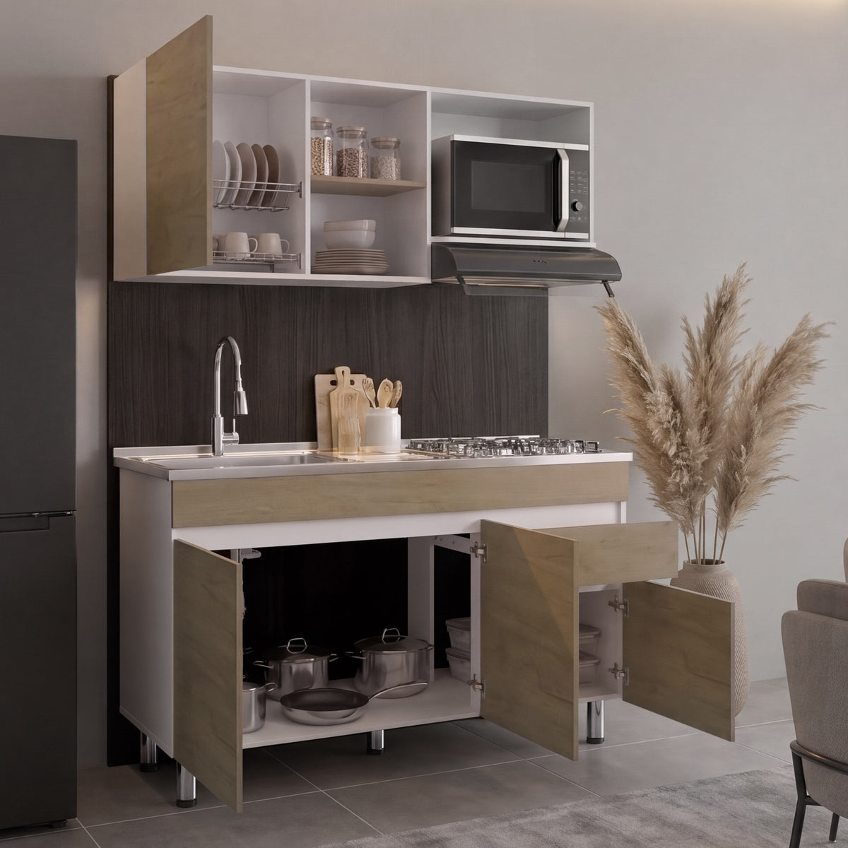 Cocina Integral Valencia 150, Blanco Duqueza y Kronos Fresno, Incluye Mesón Izquierdo