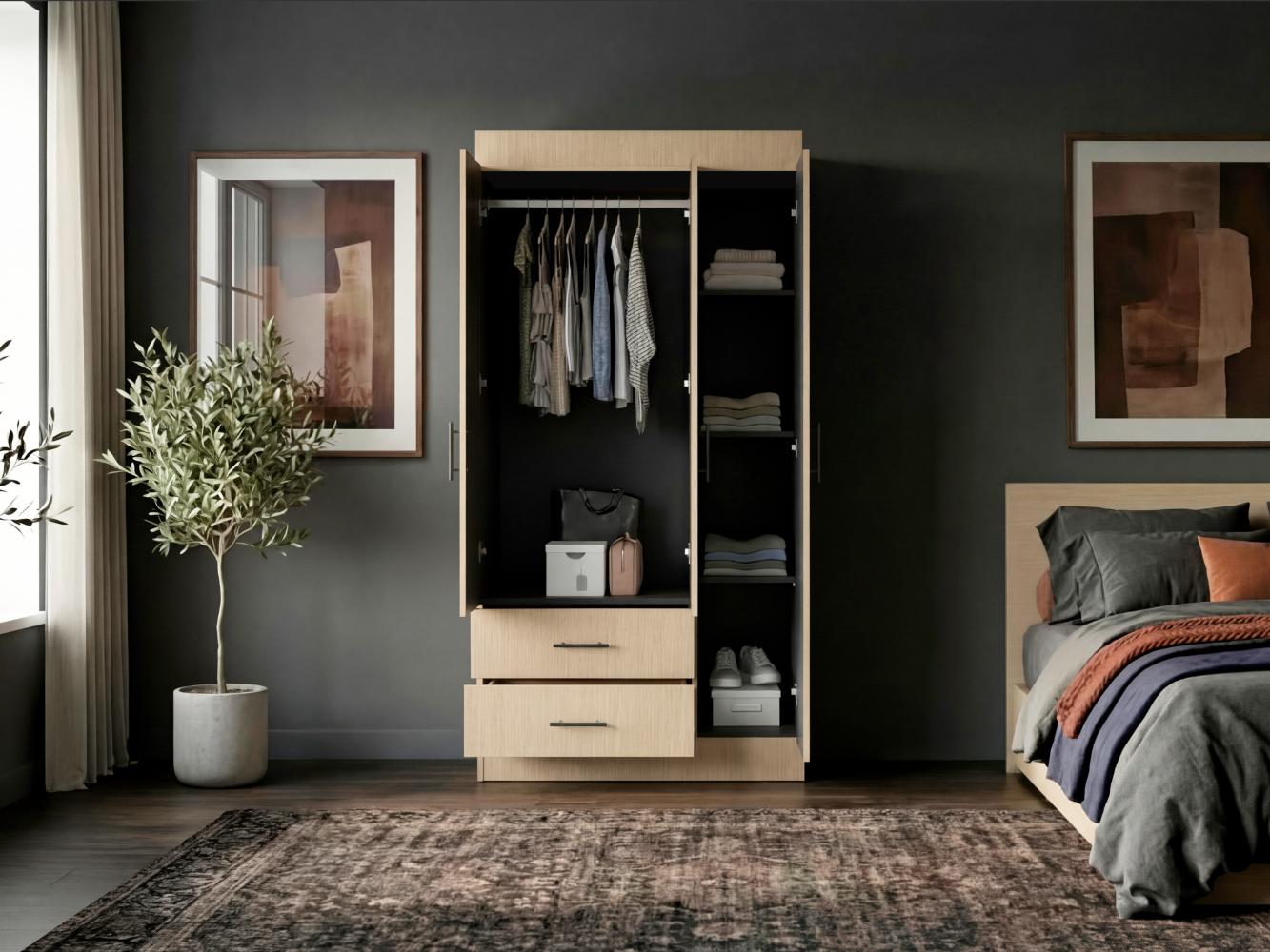 Closet Houston , Cartagena y Wengue , Con tres puertas batientes y dos cajones con amplio espacio de almacenamiento