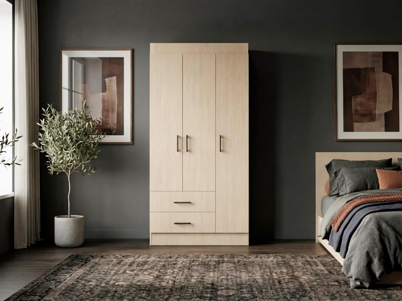 Closet Houston , Cartagena y Wengue , Con tres puertas batientes y dos cajones con amplio espacio de almacenamiento