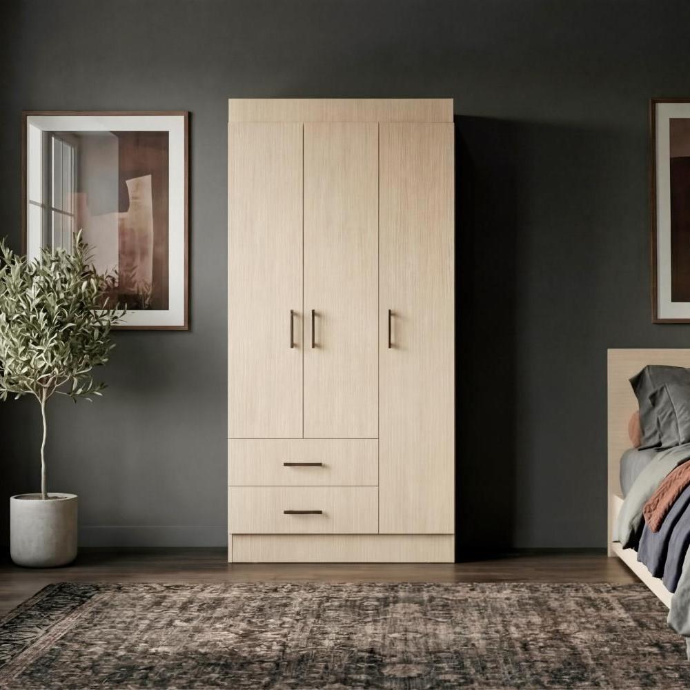 Closet Houston , Cartagena y Wengue , Con tres puertas batientes y dos cajones con amplio espacio de almacenamiento