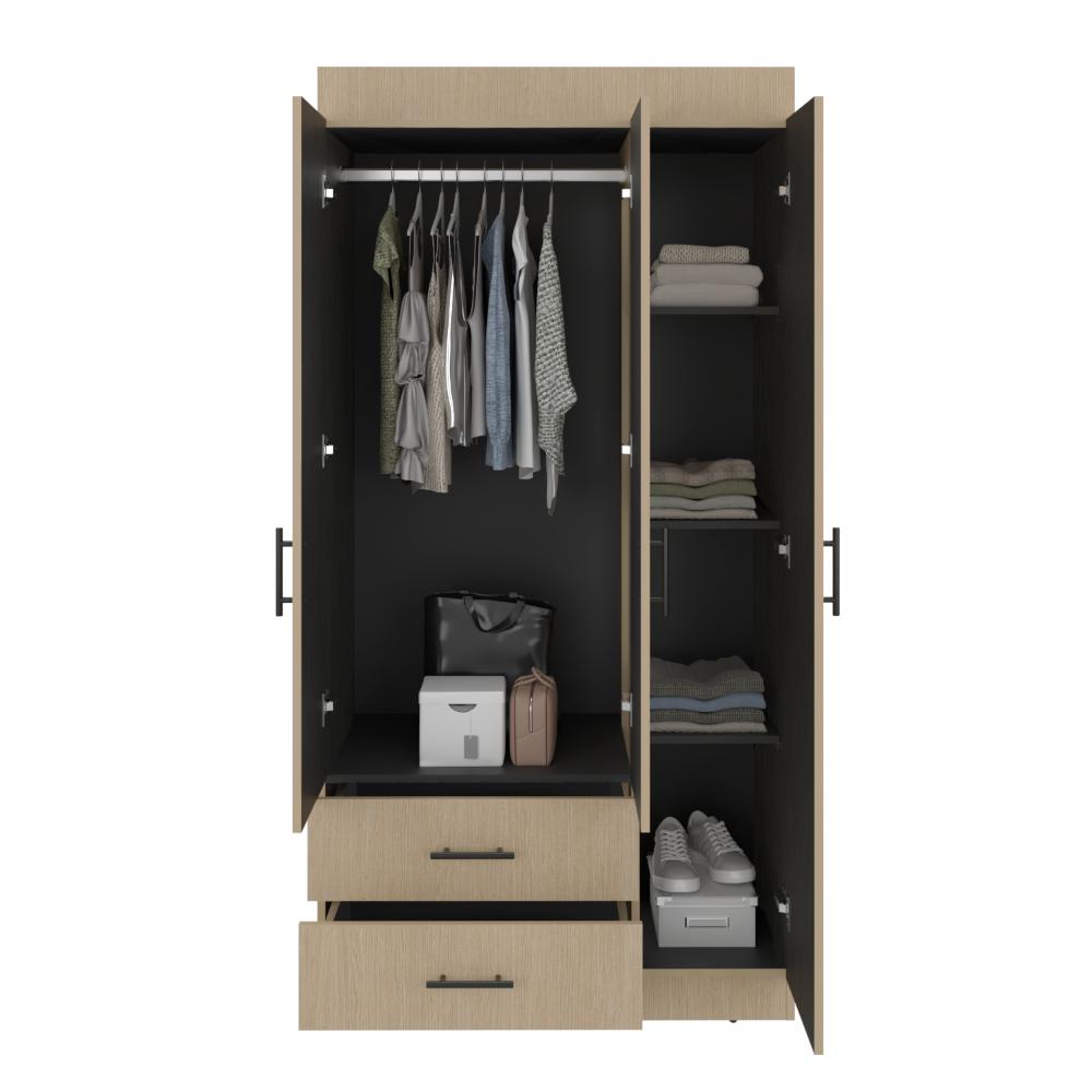 Closet Houston , Cartagena y Wengue , Con tres puertas batientes y dos cajones con amplio espacio de almacenamiento