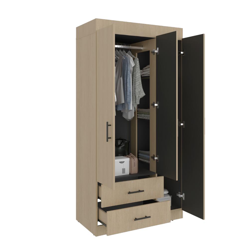 Closet Houston , Cartagena y Wengue , Con tres puertas batientes y dos cajones con amplio espacio de almacenamiento