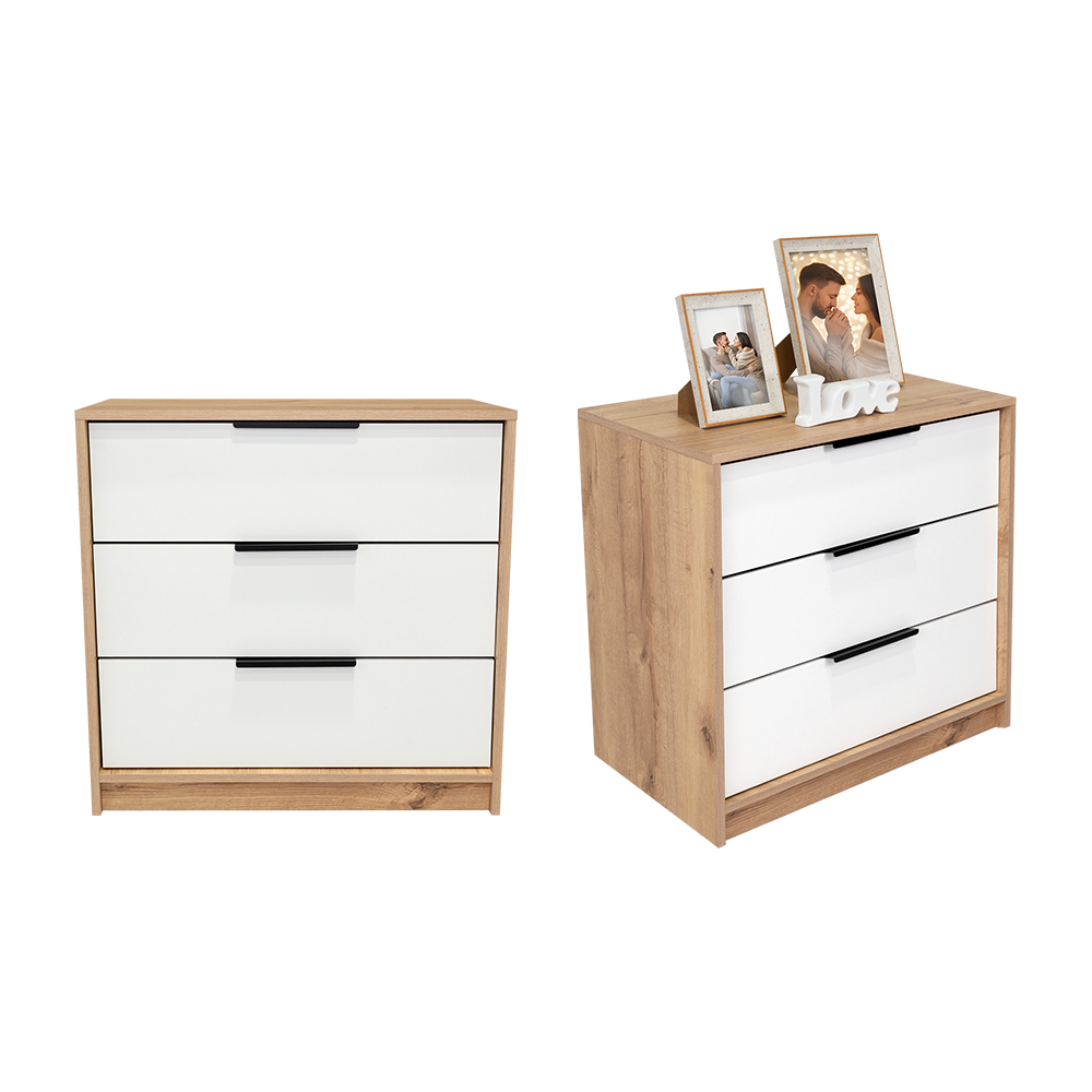 Organizador Wesley, Café Claro y Blanco, con Tres Cajones Multiusos y Manijas Metálicas X2