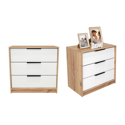 Organizador Wesley, Café Claro y Blanco, con Tres Cajones Multiusos y Manijas Metálicas X2