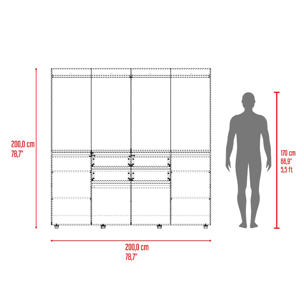 Closet Siruela 200, Fresno Europeo y Blanco, con Cuatro Cajones, Ocho Puertas y Gran Capacidad de Almacenamiento