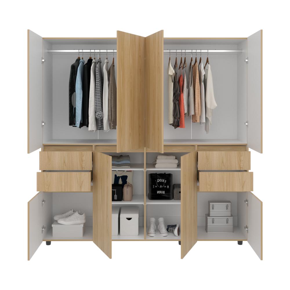Closet Siruela 200, Fresno Europeo y Blanco, con Cuatro Cajones, Ocho Puertas y Gran Capacidad de Almacenamiento