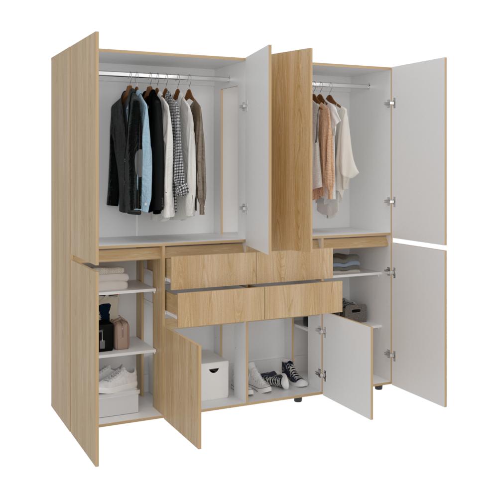 Closet Siruela 200, Fresno Europeo y Blanco, con Cuatro Cajones, Ocho Puertas y Gran Capacidad de Almacenamiento