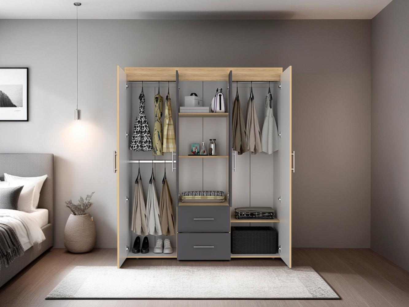 Closet Bariloche Bombay Eco, Fresno Europeo y Blanco Plomo, con Variedad de Entrepaños y Cuatro Puertas Abatibles