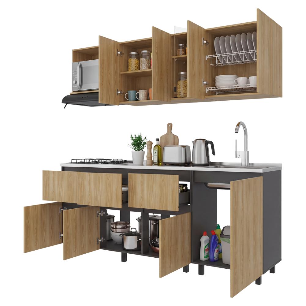 Cocina Integral Lirio, Fresno Europeo y Plata Oscuro, Incluye Mesón Derecho