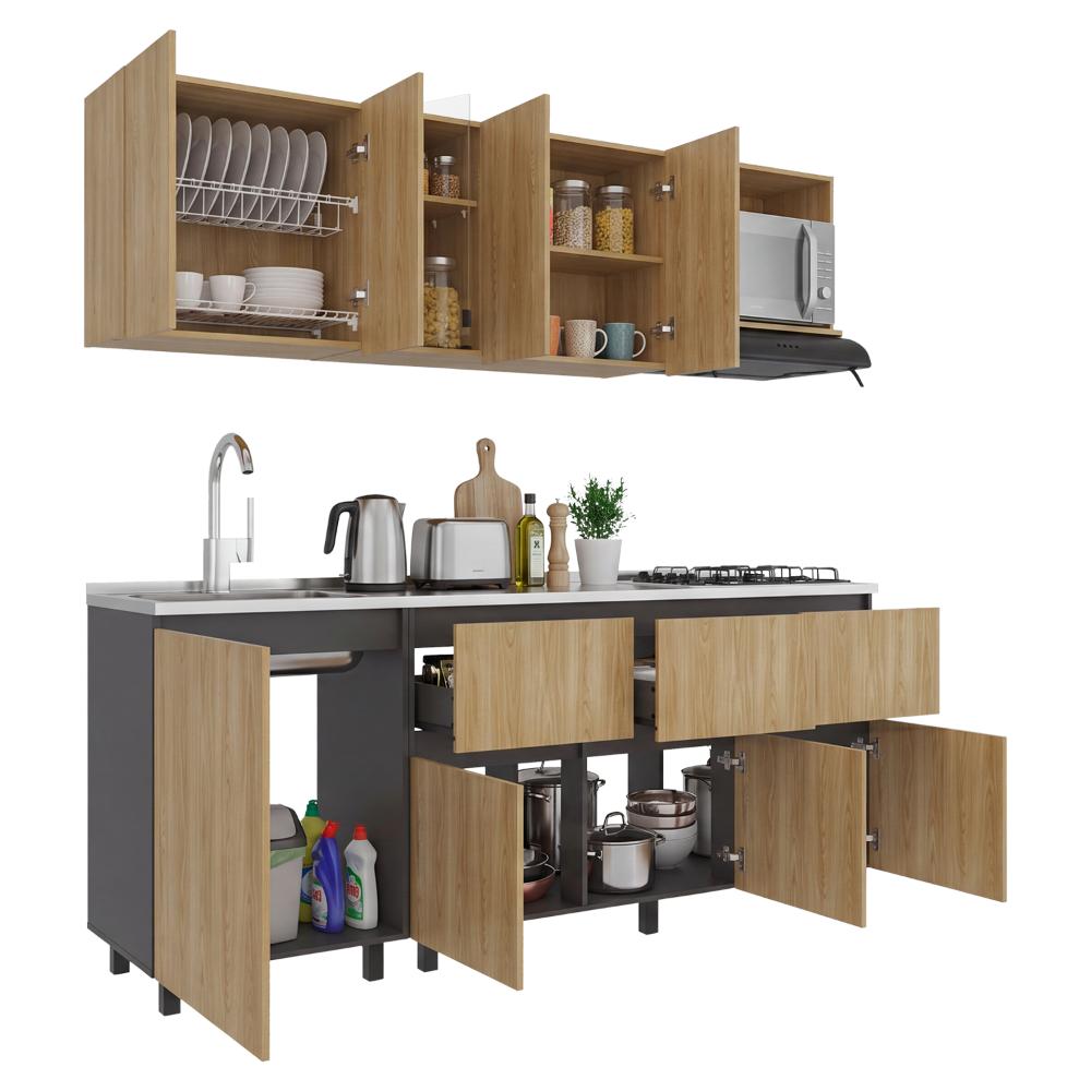 Cocina Integral Lirio, Fresno Europeo y Plata Oscuro, Incluye Mesón Izquierdo