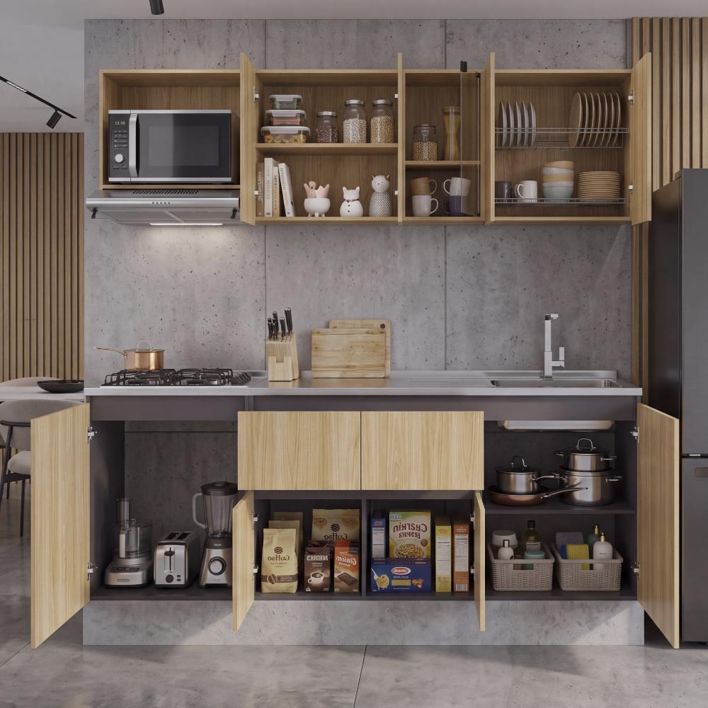 Cocina Integral Amantia, Fresno Europeo y Plata Oscuro, Incluye Mesón Derecho