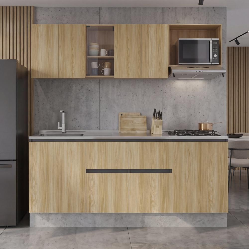 Cocina Integral Amantia, Fresno Europeo y Plata Oscuro, Incluye Mesón Izquierdo
