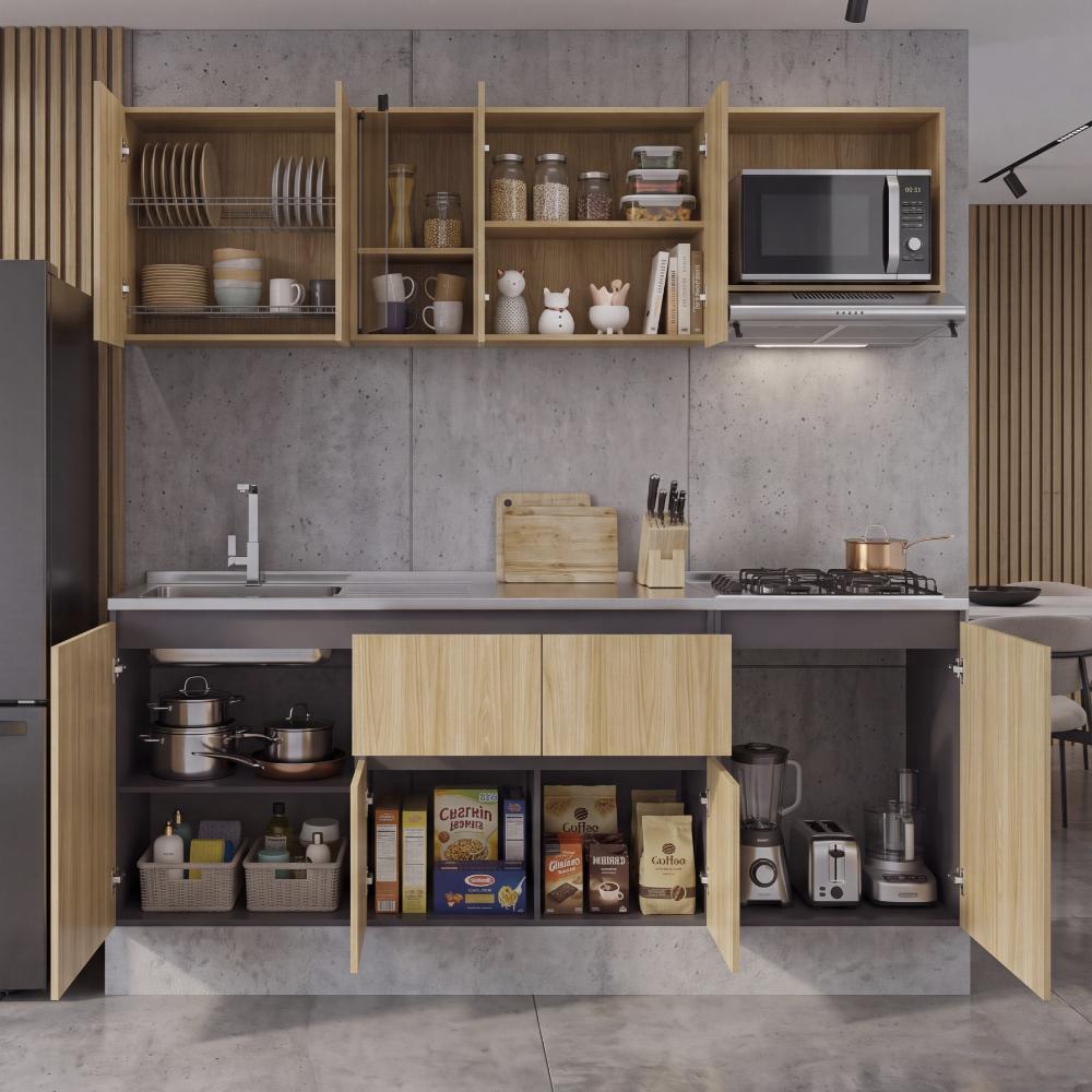 Cocina Integral Amantia, Fresno Europeo y Plata Oscuro, Incluye Mesón Izquierdo