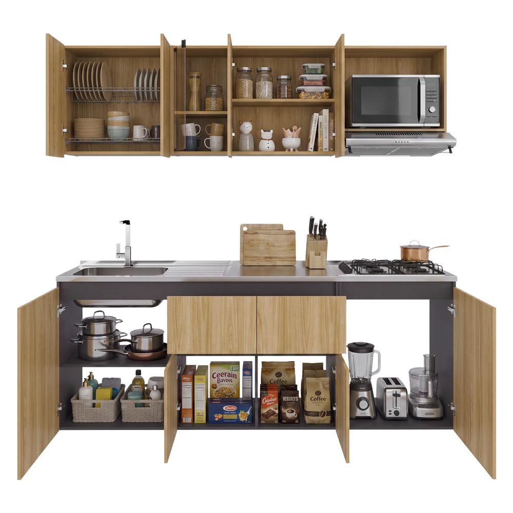 Cocina Integral Amantia, Fresno Europeo y Plata Oscuro, Incluye Mesón Izquierdo