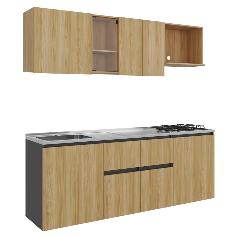 Cocina Integral Amantia, Fresno Europeo y Plata Oscuro, Incluye Mesón Izquierdo