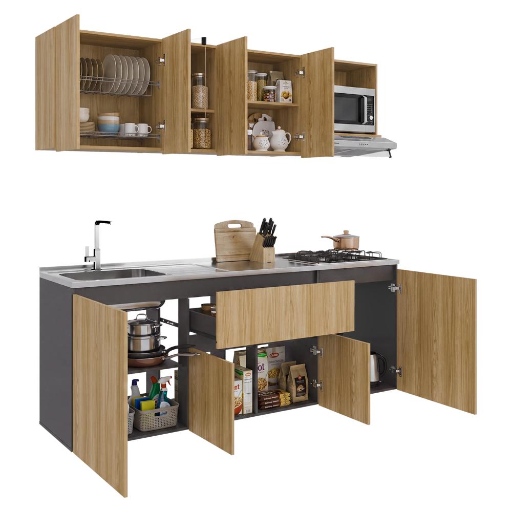 Cocina Integral Amantia, Fresno Europeo y Plata Oscuro, Incluye Mesón Izquierdo