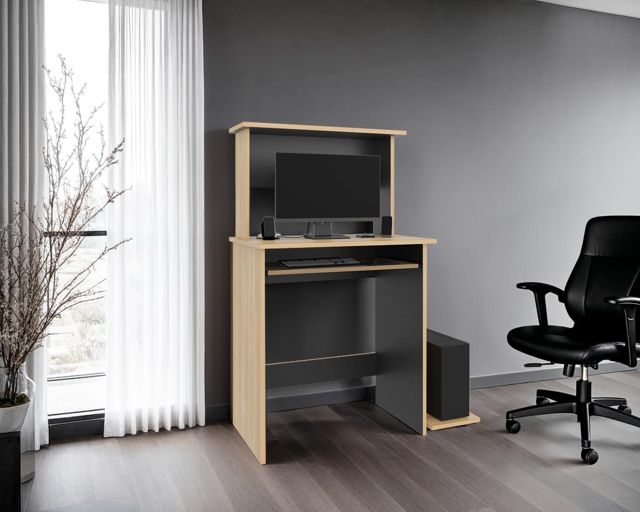 Escritorio Melvac, Fresno Europeo y Wengue, con porta teclado y rieles metálicos