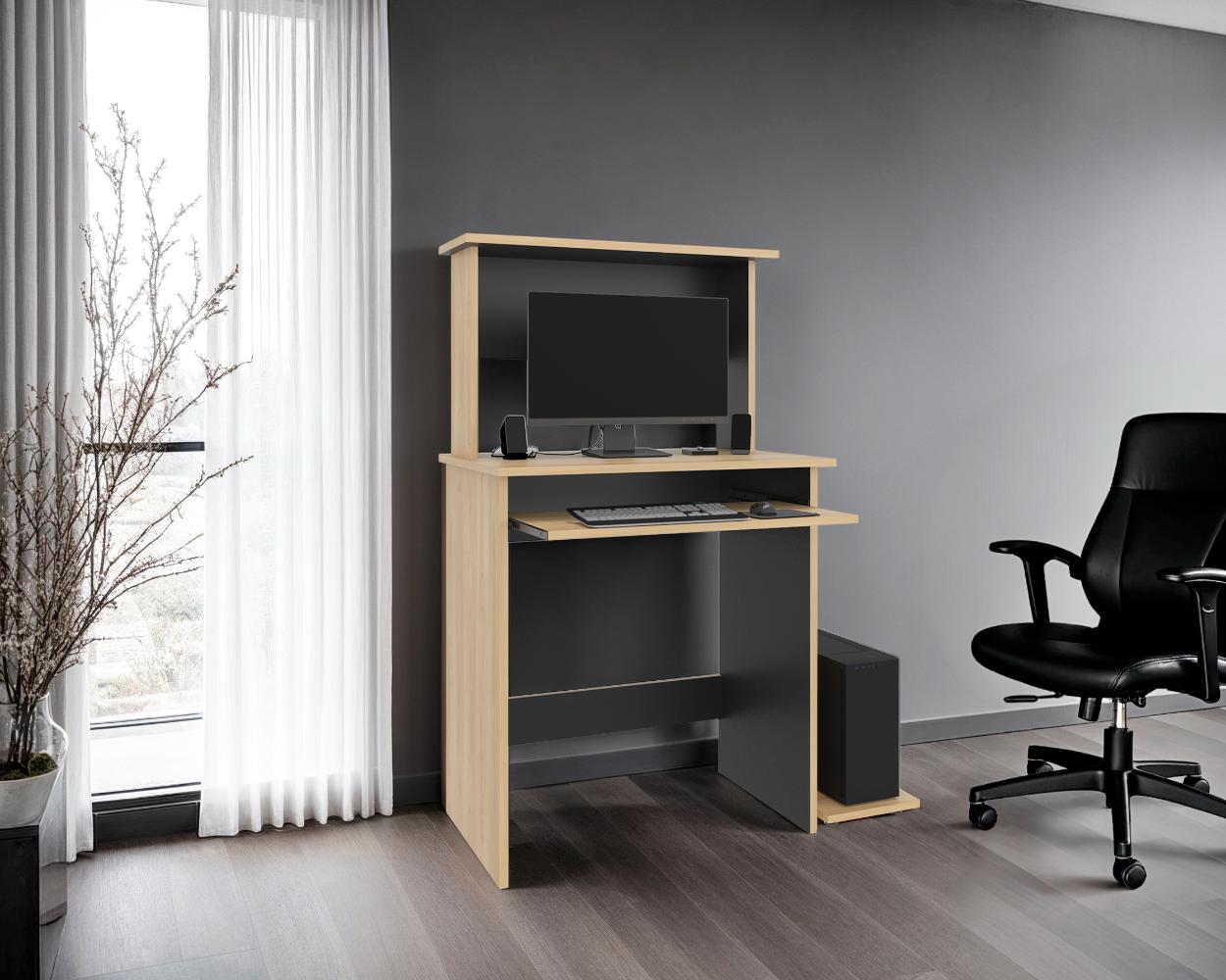 Escritorio Melvac, Fresno Europeo y Wengue, con porta teclado y rieles metálicos