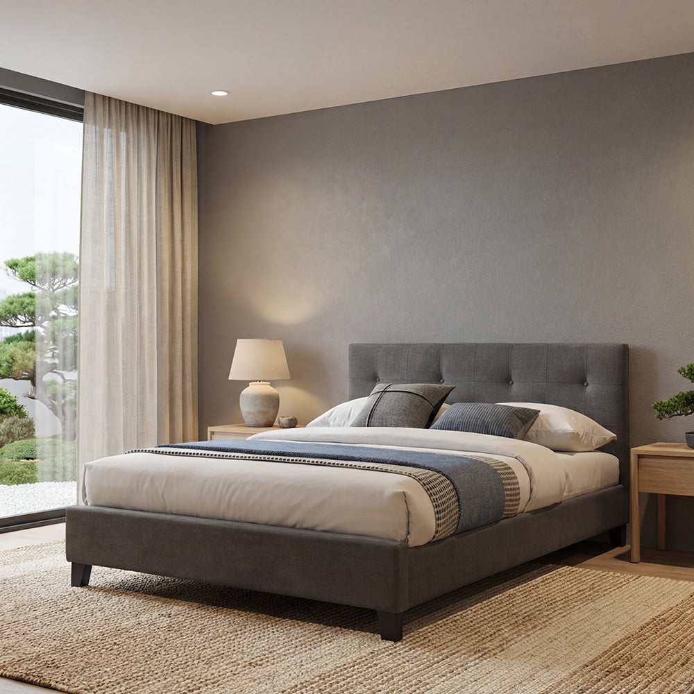 Cama Doble Imperial, Gris Oscuro, Madera roble tapizada