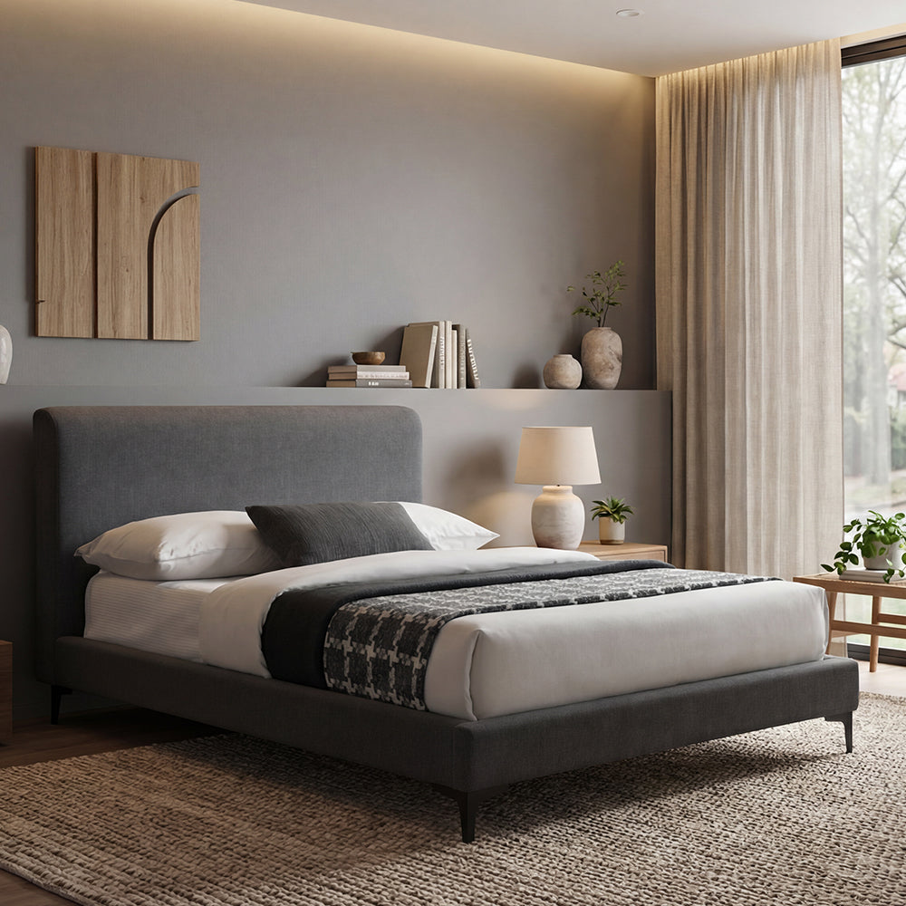 Cama Doble Prisma, Gris Oscuro, Madera roble tapizada