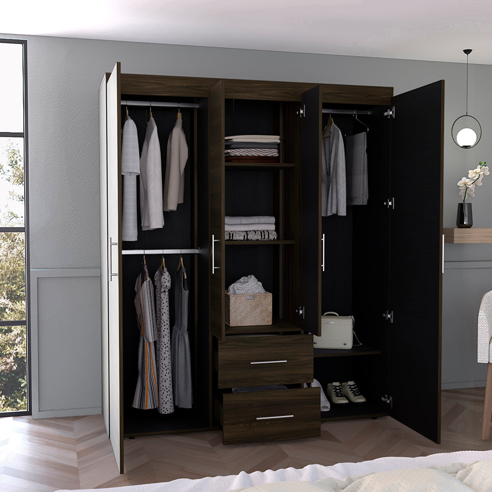 Closet Bariloche Bombay Eco, Nogal Europeo y Wengue , con Variedad de Entrepaños y Cuatro Puertas Abatibles