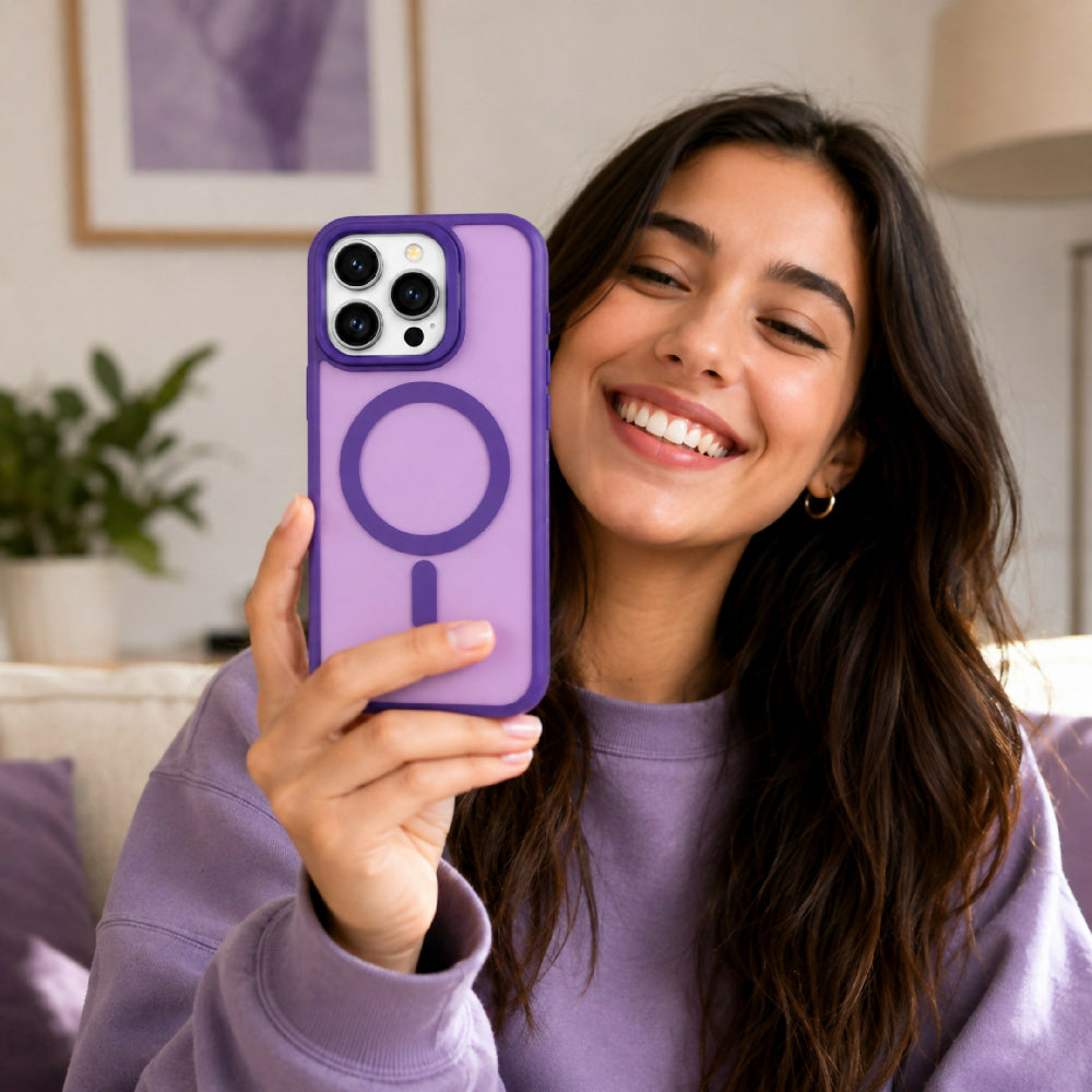 Forro Semi Transparente Para Celular Funda MagSafe Con Textura Suave Iphone 15 Pro Morado