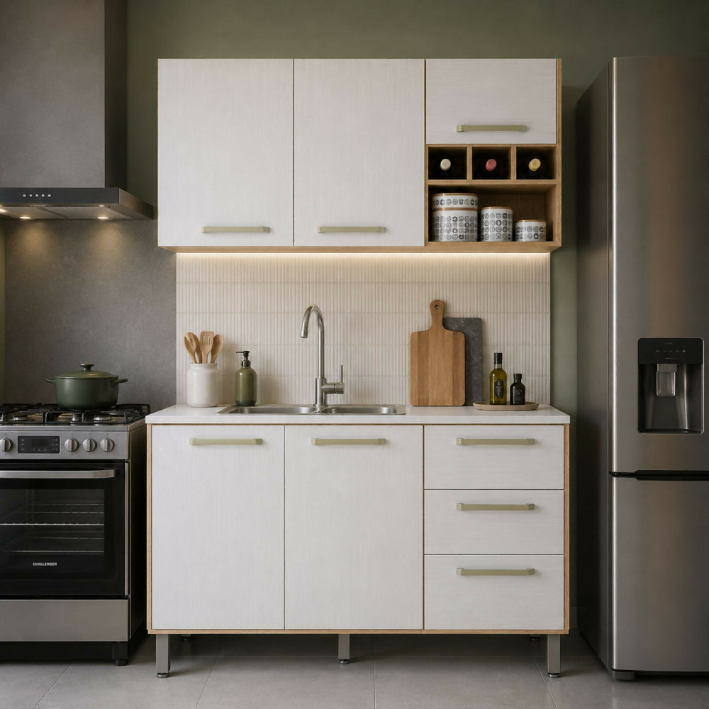 Cocina 120cm Lirio 6 puertas 2 cajones - Natural/blanco